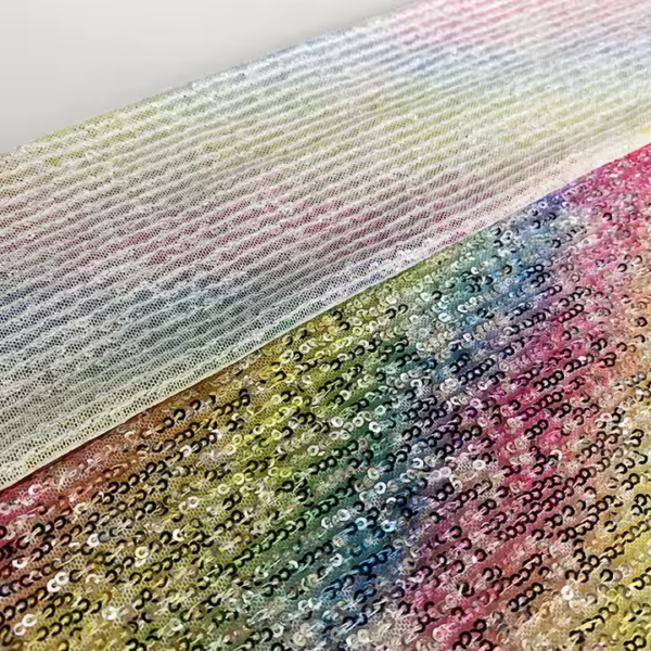 Custom Polyester Spandex Printed Rainbow Luxury Mesh Sequin Embroidery Fabric - Image 3